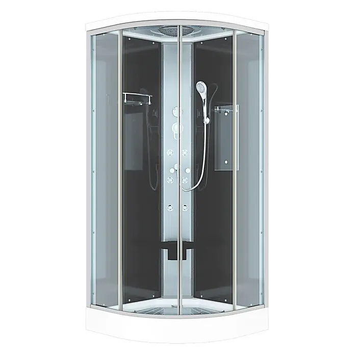 AcquaVapore Komplettdusche Fertigdusche D10-03T0-EC - 80 x 80 x 215 cm, Schwarz - Moderne Eckduschkabine mit transparenten Glastüren, weißem Rahmen, schwarzen Rückwänden und silberner Mehrstrahl-Duschpaneel.