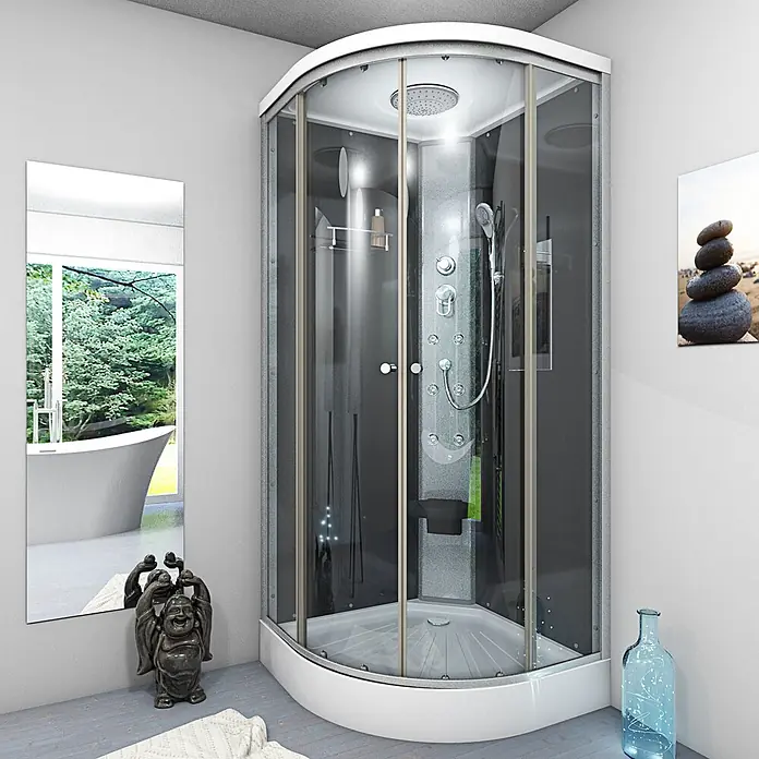 AcquaVapore Komplettdusche Fertigdusche D10-03T0-EC - 80 x 80 x 215 cm, Schwarz - Eine moderne, gebogene Eckduschkabine mit klaren und getönten Glaspaneelen und weißen Rahmen, innen mit Chrom-Armaturen.