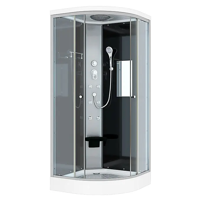 AcquaVapore Komplettdusche Fertigdusche D10-03T0-EC - 80 x 80 x 215 cm, Schwarz - Eckduschkabine mit weißem Rahmen, Klarglas, getöntem Glas, silberner Multi-Jet Duschsäule, Handbrause und Sitz.