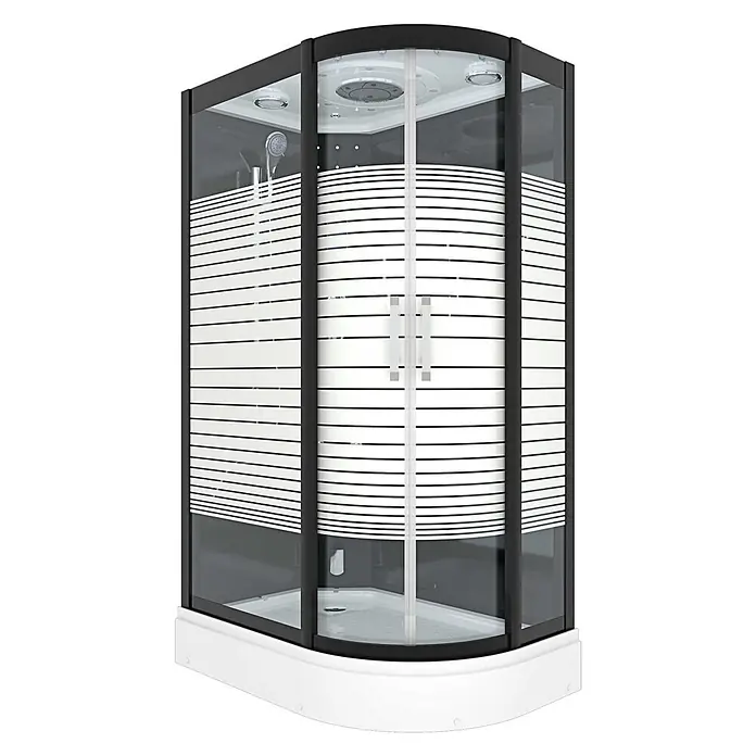 AcquaVapore Komplettdusche Dampfdusche D30-73M3R-EC - 80 x 120 x 215 cm, Schwarz - Eckduschkabine mit schwarzem Rahmen, klarem und gestreiftem Milchglas sowie weißer Basis.