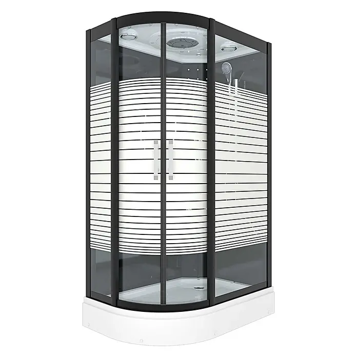 AcquaVapore Komplettdusche Fertigdusche D30-73M0L-EC - 120 x 80 x 215 cm, Schwarz - Schwarze Viertelkreis-Duschkabine mit gestreiften Milchglas-Türen und weißer Duschwanne.