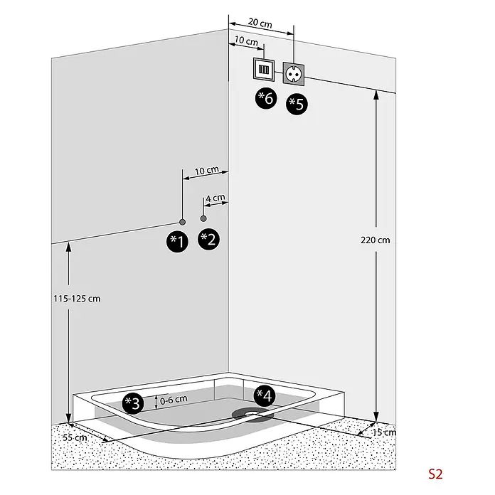 AcquaVapore Komplettdusche Dampfdusche D30-73M3R-EC - 80 x 120 x 215 cm, Schwarz - Duschinstallationsdiagramm mit Wasseranschlüssen, Abfluss, Steckdose und Schalter mit Maßen.