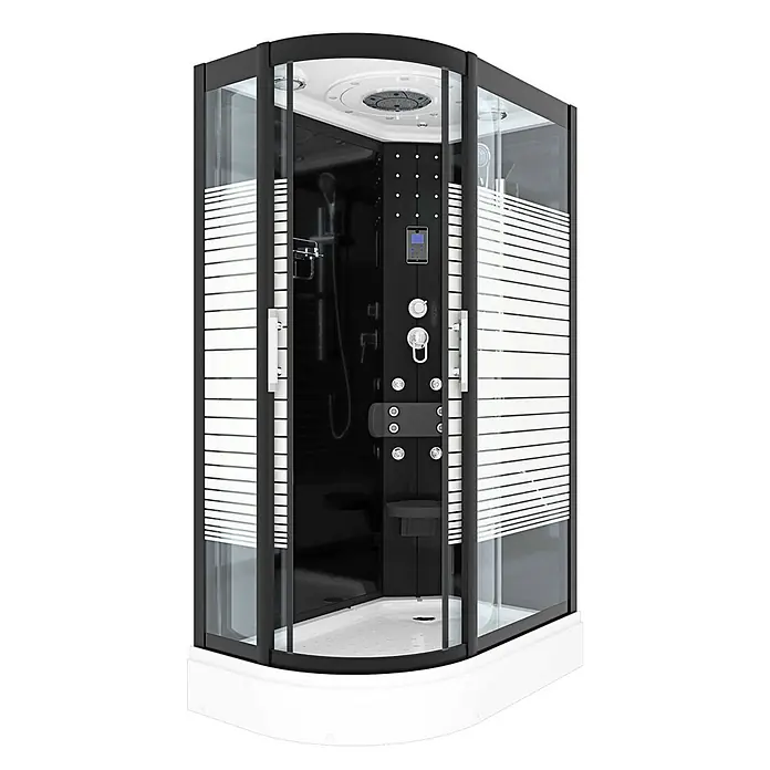 AcquaVapore Komplettdusche Fertigdusche D30-73M0L-EC - 120 x 80 x 215 cm, Schwarz - Moderne schwarze und klare Glas-Eckduschkabine mit weißen Akzenten und Multifunktions-Duschpaneel.
