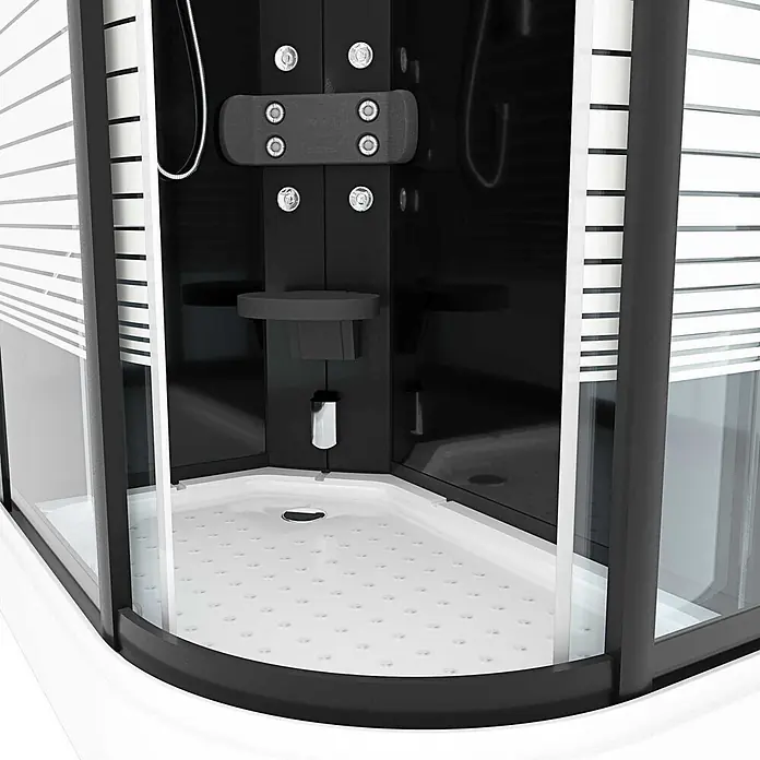 AcquaVapore Komplettdusche Dampfdusche D30-73M3R-EC - 80 x 120 x 215 cm, Schwarz - Eck-Duschkabine mit schwarzer Rückwand, weißer Anti-Rutsch-Wanne und Glastüren mit weißen Streifen. Mit Massagedüsen und Brauseschlauch.