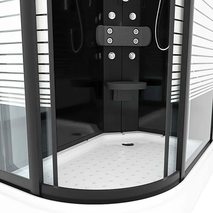 AcquaVapore Komplettdusche Fertigdusche D30-73M0L-EC - 120 x 80 x 215 cm, Schwarz - Moderne Eckduschkabine mit schwarzem Rahmen, Glasscheiben mit Milchglasstreifen, weißer rutschfester Duschwanne. Mit Massagedüsen und Handbrause.