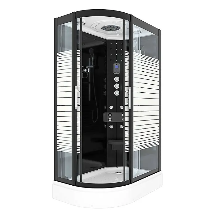 AcquaVapore Komplettdusche Fertigdusche D30-73M1L-EC - 120 x 80 x 215 cm, Schwarz - Eine moderne schwarz-weiße Eckduschkabine mit Glastüren, Bedienfeld und Kopfbrause.