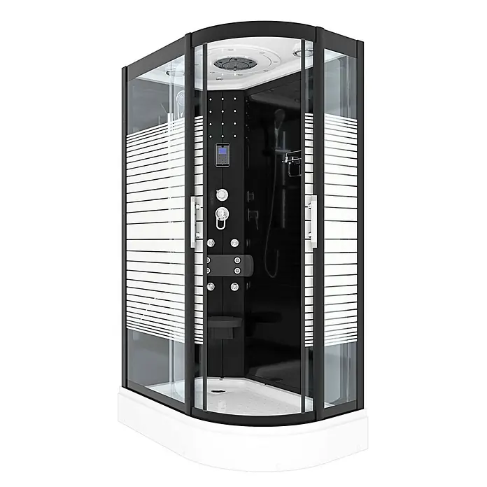 AcquaVapore Komplettdusche Fertigdusche D30-73M0R - 80 x 120 x 215 cm, Schwarz - Moderne schwarze und weiße Viertelkreis-Duschkabine mit Klarglastüren, integriertem Bedienfeld, Regendusche und Massagedüsen.