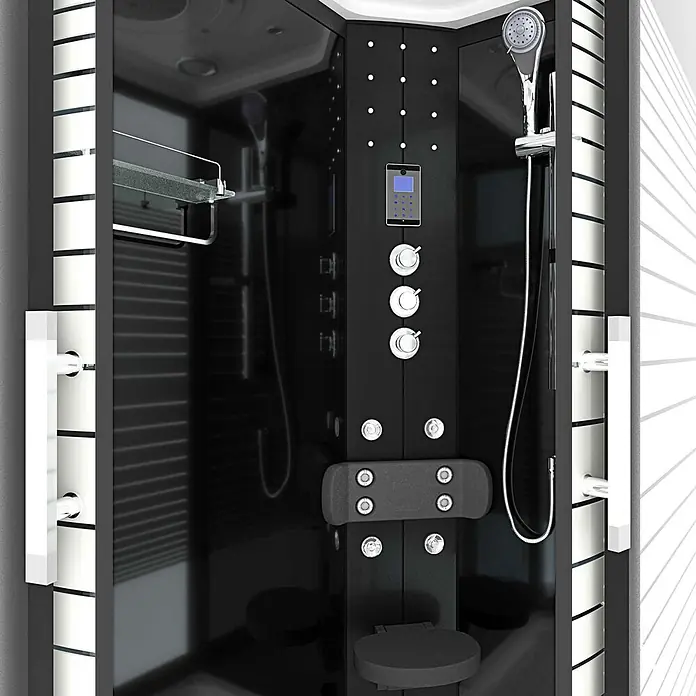 AcquaVapore Komplettdusche Fertigdusche D30-73M1L-EC - 120 x 80 x 215 cm, Schwarz - Moderne schwarze Multifunktions-Duschkabine mit Chromarmaturen, Handbrause, Sitz und Ablage.