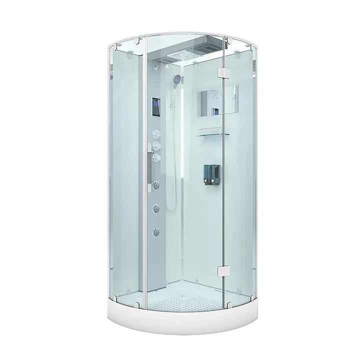 AcquaVapore Komplettdusche Dampfdusche D37-10R3-EC - 90 x 90 x 218 cm, Weiß - Moderne Eckduschkabine mit Klarglaswänden, weißer Basis und innenliegendem Duschpaneel mit mehreren Düsen und Bedienelementen.