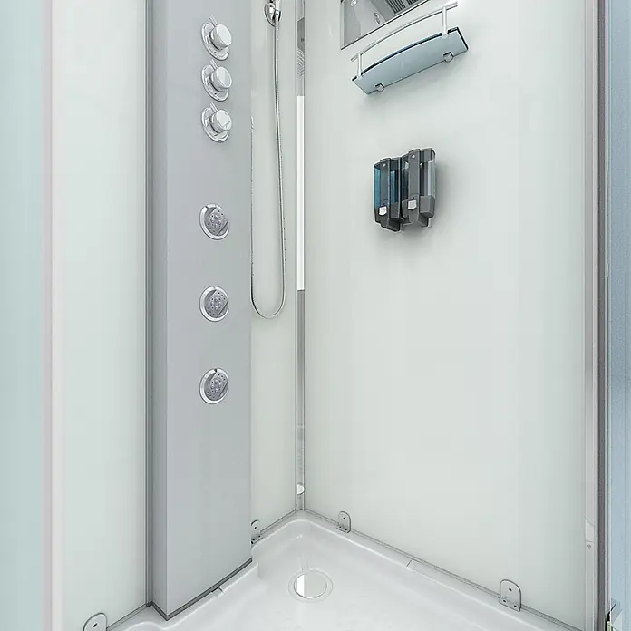AcquaVapore Komplettdusche Dampfdusche D37-10R3-EC - 90 x 90 x 218 cm, Weiß - Moderne Duschkabine mit Mehrfachstrahl-Panel, Handbrause und Spendern. Helle Wände und Chromarmaturen.