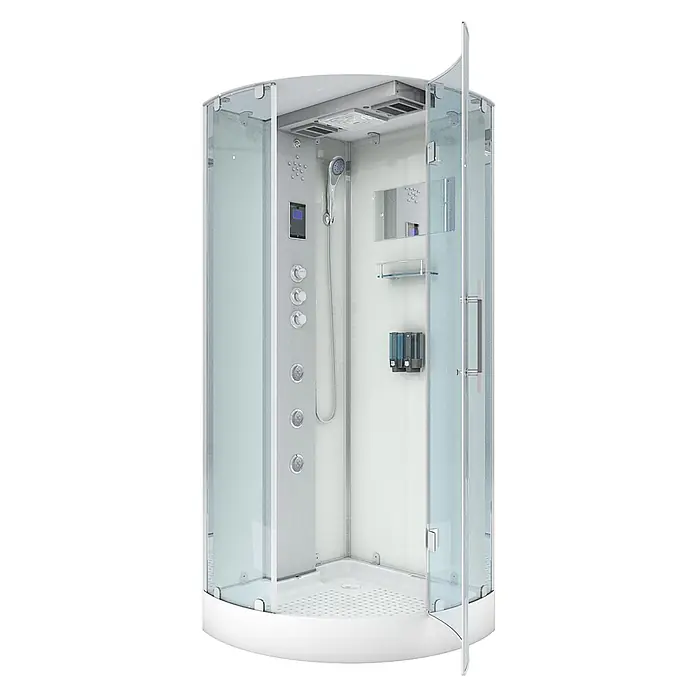 AcquaVapore Komplettdusche Dampfdusche D37-10R3-EC - 90 x 90 x 218 cm, Weiß - Moderne weiße und klare Glasduschkabine mit silbernen Innenpaneelen, Multifunktionssteuerung, Handbrause und Massagedüsen.