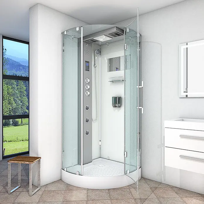 AcquaVapore Komplettdusche Dampfdusche D37-10R3-EC - 90 x 90 x 218 cm, Weiß - Moderne Eckduschkabine mit Glasgehäuse, weißer Basis und integriertem Duschpaneel in einem hellen Bad mit Panoramablick.