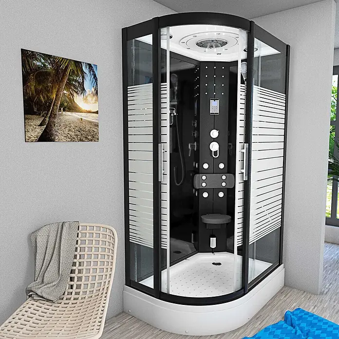AcquaVapore Komplettdusche Dampfdusche D30-73M2L - 120 x 80 x 215 cm, Schwarz - Moderne schwarze Eckduschkabine mit mattierten Glaspaneelen, weißer Basis und integrierten Multifunktionsmerkmalen.