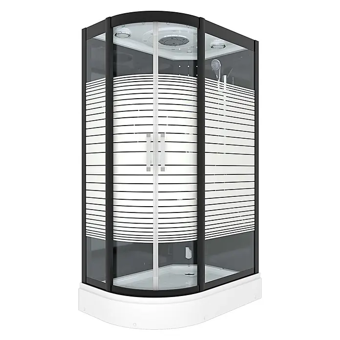 AcquaVapore Komplettdusche Dampfdusche D30-73M2L - 120 x 80 x 215 cm, Schwarz - Eckduschkabine mit schwarzem Rahmen, horizontal gestreiften Glaspaneelen und weißer Duschwanne, mit Kopf- und Handbrause.