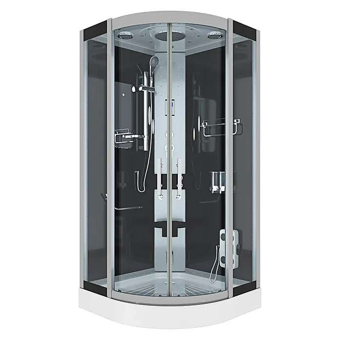 AcquaVapore Komplettdusche Dampfdusche D46-23T2 - 100 x 100 x 215 cm, Schwarz - Moderne Duschkabine aus grauem Glas mit weißer Basis, Chromarmaturen, Regendusche, Handbrause und Massagedüsen.