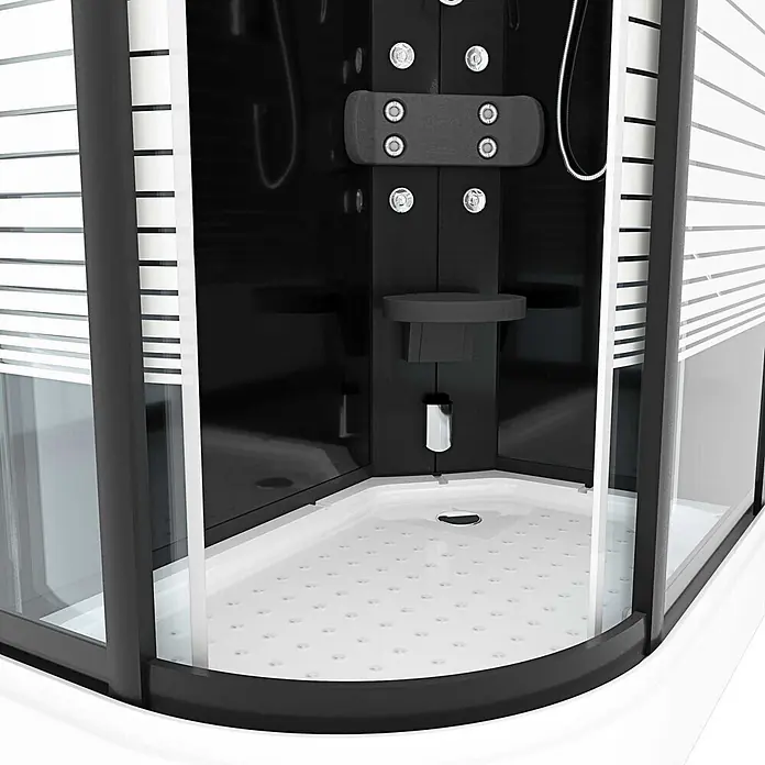 AcquaVapore Komplettdusche Dampfdusche D30-73M2L - 120 x 80 x 215 cm, Schwarz - Moderne schwarz-weiße Eckduschkabine mit mattierten Glaspaneelen und weißer Antirutsch-Duschwanne.