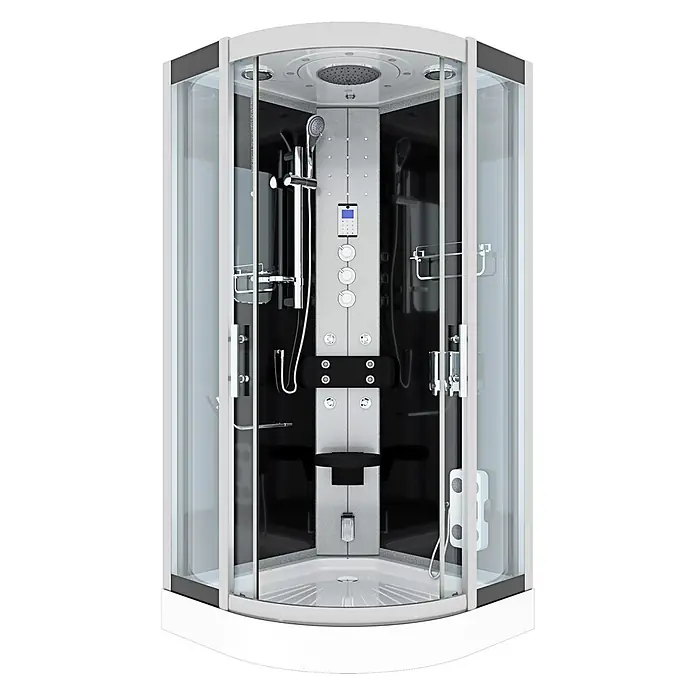 AcquaVapore Komplettdusche Fertigdusche D46-03T1-EC - 80 x 80 x 215 cm, Schwarz - Moderne Eckduschkabine mit klarem Glas, weißem Rahmen, grau/schwarzer Innenverkleidung, Duschköpfen, Massagedüsen und Bedienelementen.