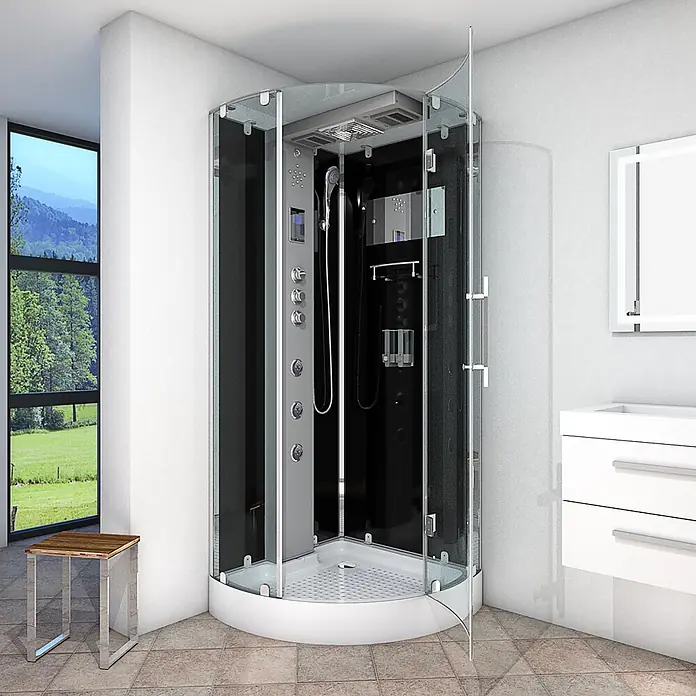 AcquaVapore Komplettdusche Dampfdusche D37-13R3 - Schwarz - Moderne Eckdampfdusche mit schwarzer Rückwand, Klarglastüren und weißer Basis in hellem Badezimmer mit Ausblick.