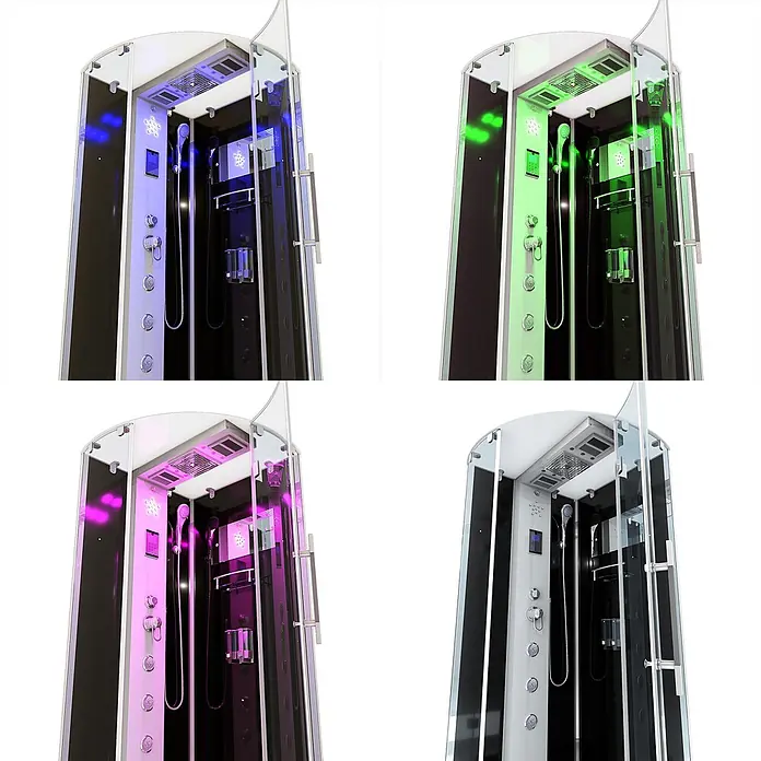 AcquaVapore Komplettdusche Dampfdusche D37-13R3 - Schwarz - Moderne multifunktionale Duschkabine mit Klarglaswänden, schwarzen Paneelen, weißem Bedienfeld und wählbarer LED-Beleuchtung.