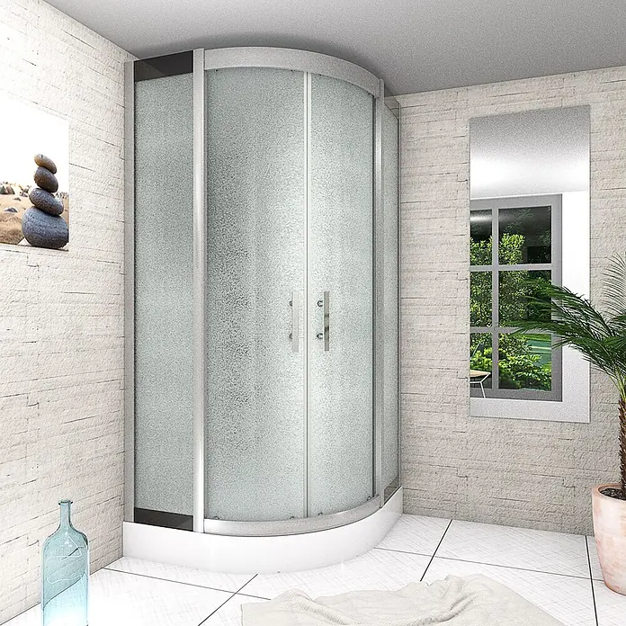 AcquaVapore Komplettdusche Dampfdusche D46-00M3-EC - Weiß - Eckduschkabine mit mattierten Glastüren und weißer Duschwanne, in einem modernen Badezimmer.