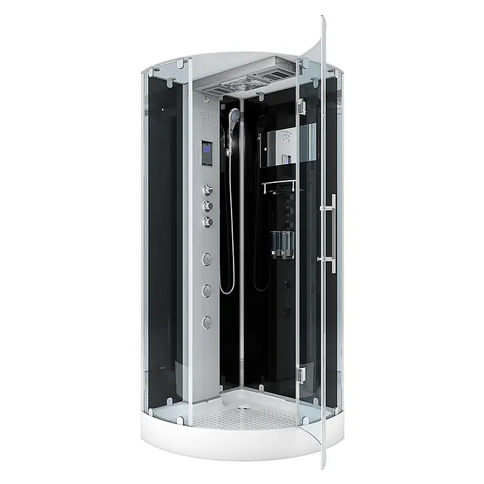 AcquaVapore Komplettdusche Dampfdusche D37-13R3 - Schwarz - Moderne Eckduschkabine mit Glaswänden, weißem Sockel, schwarzen Rückwänden und silbernen Multifunktionsreglern.