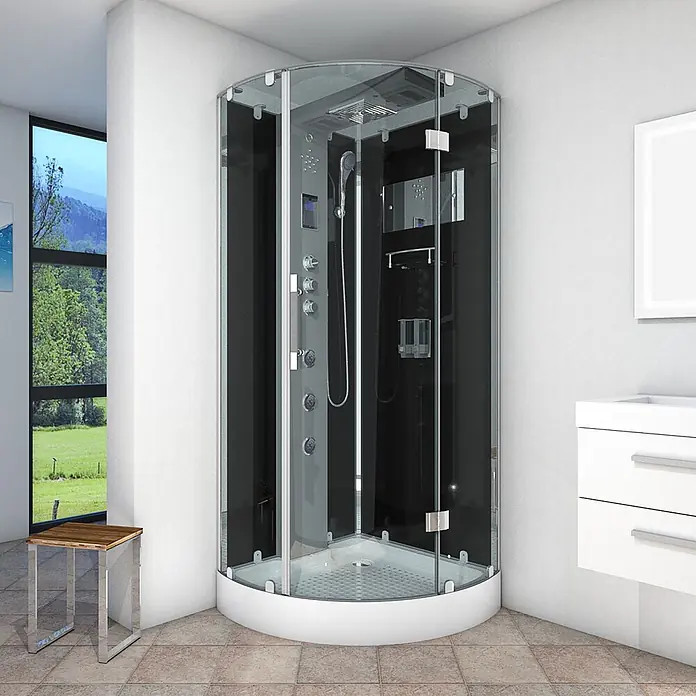 AcquaVapore Komplettdusche Dampfdusche D37-13R3 - Schwarz - Moderne schwarze Eck-Duschkabine mit Glaswänden, weißem Sockel und Multifunktionspanel im Badezimmer.