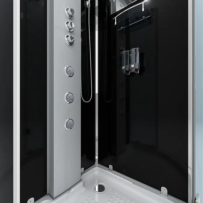 AcquaVapore Komplettdusche Dampfdusche D37-13R3 - Schwarz - Schwarze Glas-Duschkabine mit grauem Bedienfeld, Chromarmaturen und weißer Duschwanne.