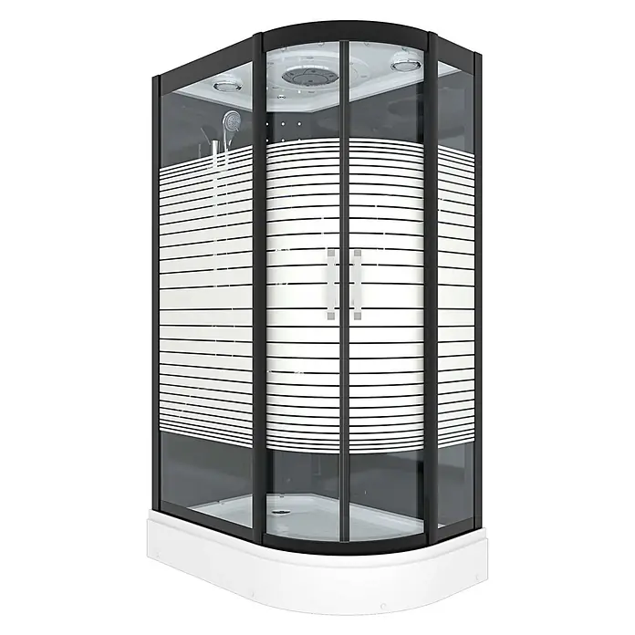 AcquaVapore Komplettdusche Fertigdusche D30-73M1R - Schwarz - Eckduschkabine mit schwarzem Rahmen, weiß gestreiften Glaspaneelen, weißer Wanne und Schiebetüren.