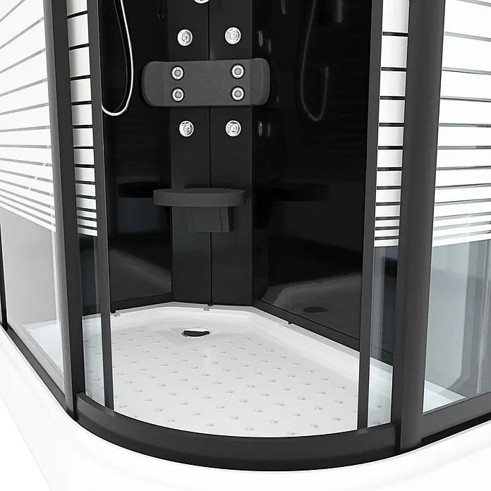 AcquaVapore Komplettdusche Fertigdusche D30-73M1R - Schwarz - Eine moderne schwarz-weiße Eckduschkabine mit gestreiftem Glas, rutschfester Wanne und Hydromassagedüsen.