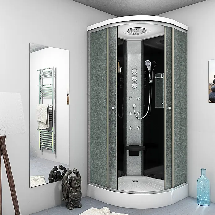 AcquaVapore Komplettdusche Fertigdusche D10-23M1-EC - 100 x 100 x 215 cm, Schwarz - Eckduschkabine mit dunkelgrauen strukturierten Paneelen, weißem Rahmen und einem Mehrstrahl-Duschsystem in einem modernen Badezimmer.