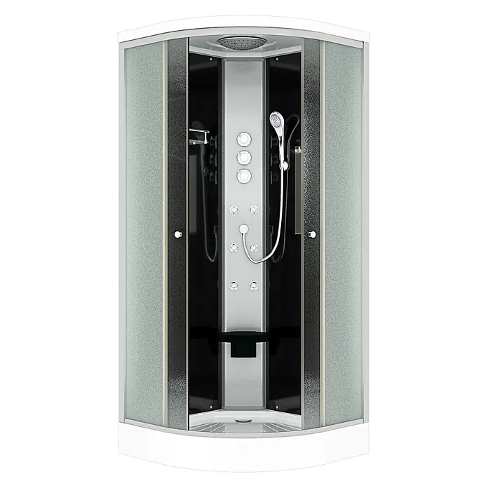 AcquaVapore Komplettdusche Fertigdusche D10-23M1-EC - 100 x 100 x 215 cm, Schwarz - Eck-Duschkabine mit mattierten Glastüren, weißem Rahmen und Hydromassage-Duschpaneel.