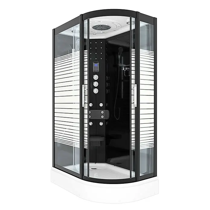 AcquaVapore Komplettdusche Fertigdusche D30-73M1R - Schwarz - Elegante schwarze Glasduschkabine mit weißer Basis, Regendusche, Massagedüsen und integriertem Sitz.
