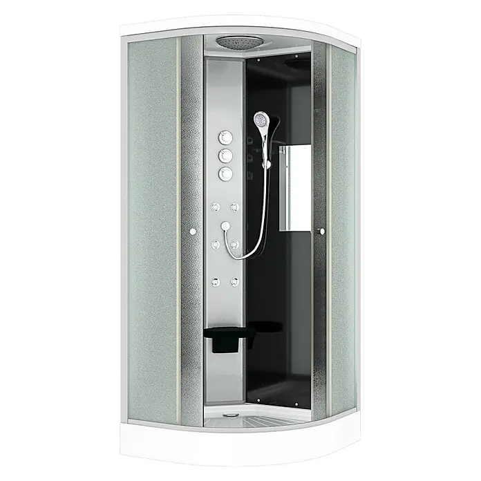 AcquaVapore Komplettdusche Fertigdusche D10-23M1-EC - 100 x 100 x 215 cm, Schwarz - Moderne Eckduschkabine mit mattiertem Glas, weißem Rahmen, silbernem Bedienfeld, Regendusche, Handbrause, Massagedüsen und Klappsitz.