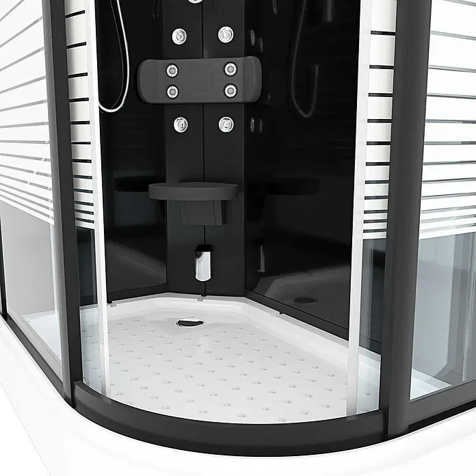 AcquaVapore Komplettdusche Dampfdusche D30-73M2R - 80 x 120 x 215 cm, Schwarz - Schwarz-weiße Eckduschkabine mit strukturierter weißer Wanne, schwarzer Rückwand mit Massagedüsen und gestreiften Glaswänden.