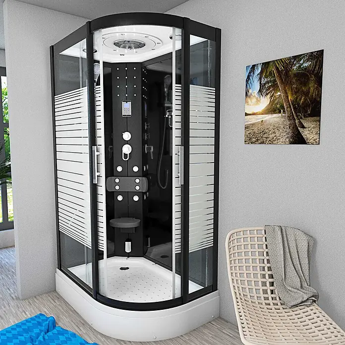 AcquaVapore Komplettdusche Dampfdusche D30-73M2R - 80 x 120 x 215 cm, Schwarz - Moderne Eckduschkabine in Schwarz und Glas mit Frostelementen, Massagedüsen und integriertem Sitz.