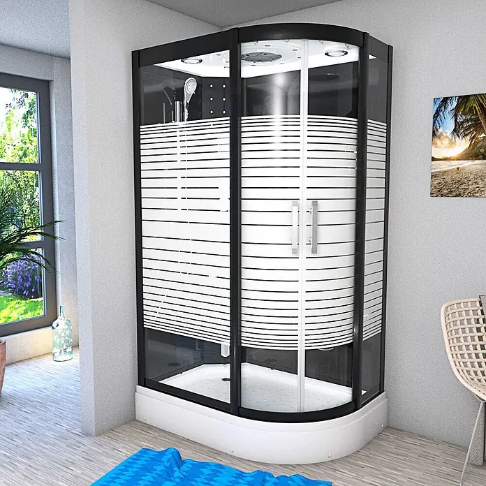 AcquaVapore Komplettdusche Dampfdusche D30-73M2R - 80 x 120 x 215 cm, Schwarz - Eckduschkabine mit schwarzem Rahmen, gestreiften Glaspaneelen und weißer Basis in einem modernen Badezimmer.