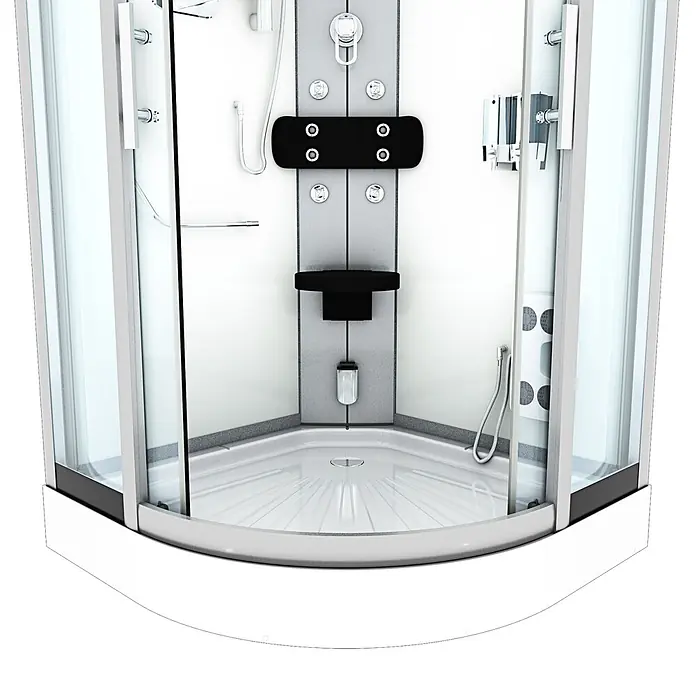 AcquaVapore Komplettdusche Dampfdusche D46-00T2 - 80 x 80 x 215 cm, Weiß - Moderne Eckduschkabine mit weißem Sockel, Glastüren und einem Mehrstrahl-Panel mit Sitz und Bedienelementen.