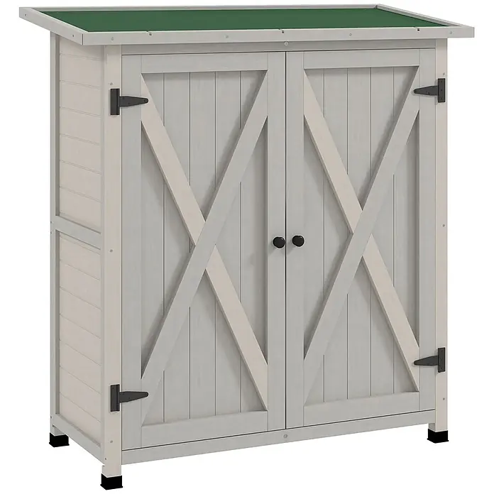 Outsunny Geräteschrank - Außenbreite inkl. Dachüberstand: 110 cm, Außentiefe inkl. Dachüberstand: 55 cm, Holz, Hellgrau - Zweitüriger Garten-Geräteschrank aus hellem Holz mit X-verstärkten Stalltüren, schwarzer Hardware und grünem Dach.