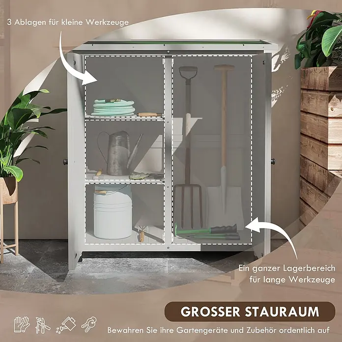 Outsunny Geräteschrank - Außenbreite inkl. Dachüberstand: 110 cm, Außentiefe inkl. Dachüberstand: 55 cm, Holz, Hellgrau - Grauer Gartenschrank offen, zeigt organisierten Innenraum mit Ablagen für kleine und hohes Fach für lange Gartengeräte.