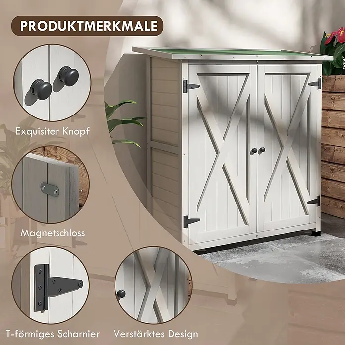 Outsunny Geräteschrank - Außenbreite inkl. Dachüberstand: 110 cm, Außentiefe inkl. Dachüberstand: 55 cm, Holz, Hellgrau - Heller Outdoor-Lagerschuppen mit grünem Dach und schwarzer Hardware, mit Knauf, Magnetschloss, T-Scharnier und verstärkter Tür.