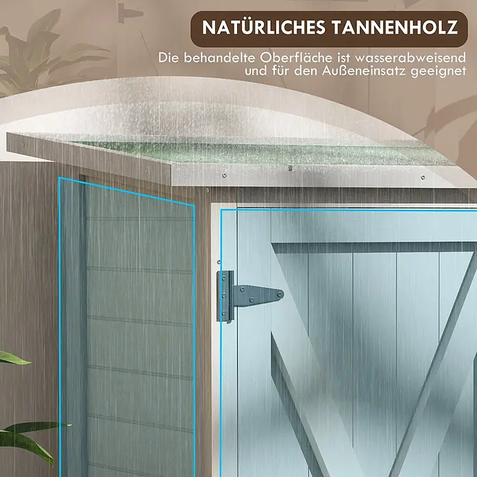 Outsunny Geräteschrank - Außenbreite inkl. Dachüberstand: 110 cm, Außentiefe inkl. Dachüberstand: 55 cm, Holz, Hellgrau - Außenlager aus natürlichem, wasserabweisendem Tannenholz, für den Außeneinsatz geeignet. Regen fällt auf die Oberfläche.
