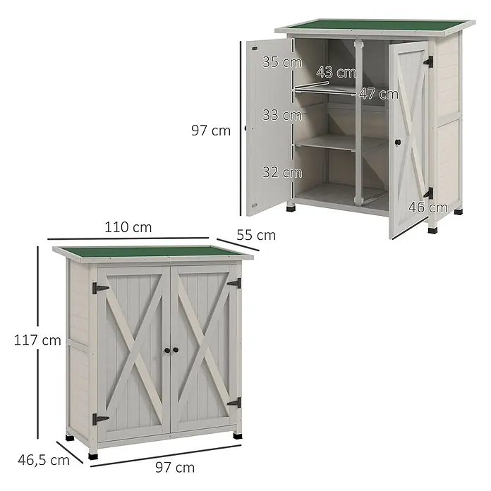 Outsunny Geräteschrank - Außenbreite inkl. Dachüberstand: 110 cm, Außentiefe inkl. Dachüberstand: 55 cm, Holz, Hellgrau - Heller Holz-Gartenschrank mit grünem Dach, Innenregalen und Maßen.