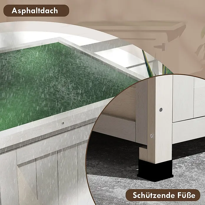 Outsunny Geräteschrank - Außenbreite inkl. Dachüberstand: 110 cm, Außentiefe inkl. Dachüberstand: 55 cm, Holz, Hellgrau - Hochbeet aus hellem Holz mit grünem Asphaltdach und schwarzen Schutzfüßen, unter simuliertem Regen.