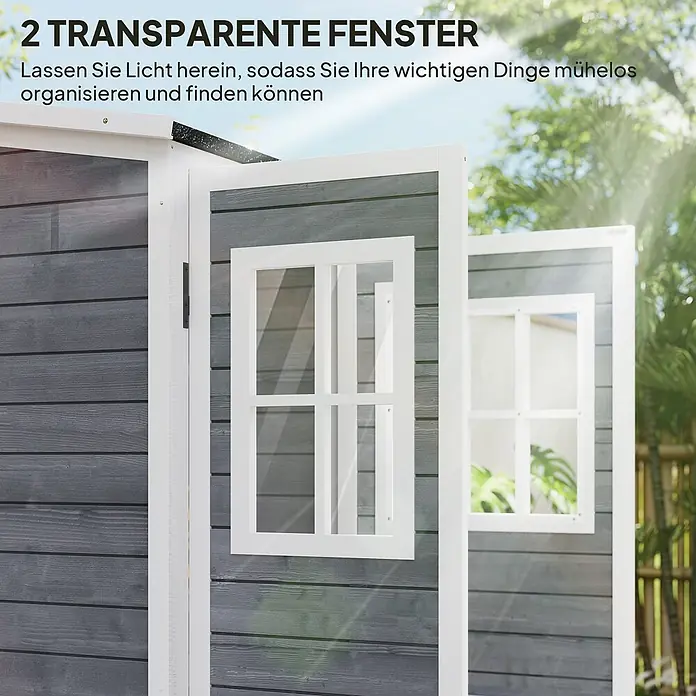 Outsunny Geräteschrank - Außenbreite inkl. Dachüberstand: 91 cm, Außentiefe inkl. Dachüberstand: 69 cm, Holz, Hellgrau - Graues Gartenhaus mit zwei transparenten Fenstern, die Licht hereinlassen.