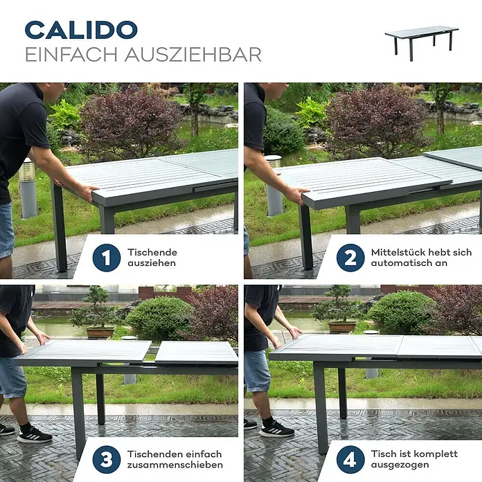 Home Deluxe Gartentisch-Set CALIDO Gartentisch - Gesamtumfang: 1 -tlg., Ausziehbar - Grauer Lamellen-Gartentisch, der sich in einem Garten auszieht, mit Zugmechanismus und automatischer Mittelteilanhebung.