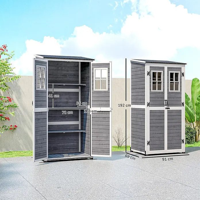 Outsunny Geräteschrank - Außenbreite inkl. Dachüberstand: 91 cm, Außentiefe inkl. Dachüberstand: 69 cm, Holz, Hellgrau - Dunkelgrauer Holz-Gartenschrank mit weißem Rand, offen mit Regalen (41-78cm) und geschlossen (192x91x69cm) dargestellt.