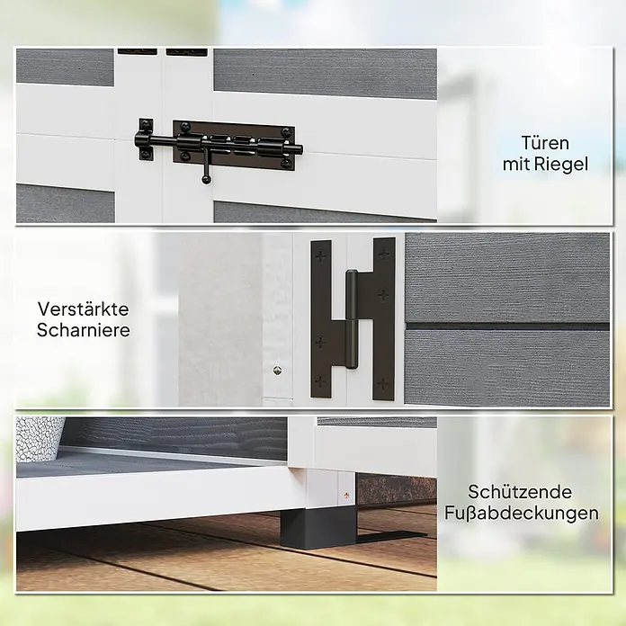 Outsunny Geräteschrank - Außenbreite inkl. Dachüberstand: 91 cm, Außentiefe inkl. Dachüberstand: 69 cm, Holz, Hellgrau - Detaillierte Ansicht der Merkmale des weiß-grauen Schuppens: schwarzer Türriegel, verstärkte schwarze Scharniere und schützende schwarze Fußabdeckungen.