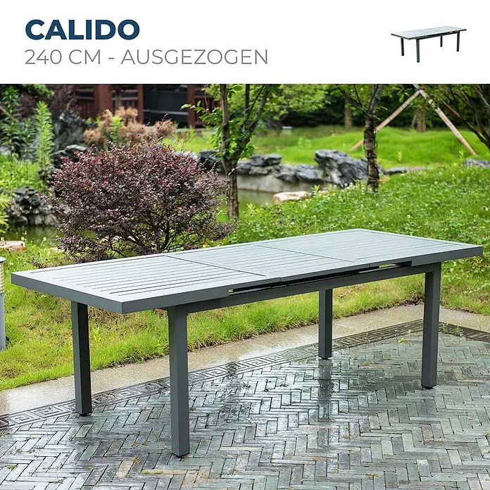 Home Deluxe Gartentisch-Set CALIDO Gartentisch - Gesamtumfang: 1 -tlg., Ausziehbar - Grauer ausziehbarer Calido Gartentisch, 240 cm ausgezogen, im Garten.