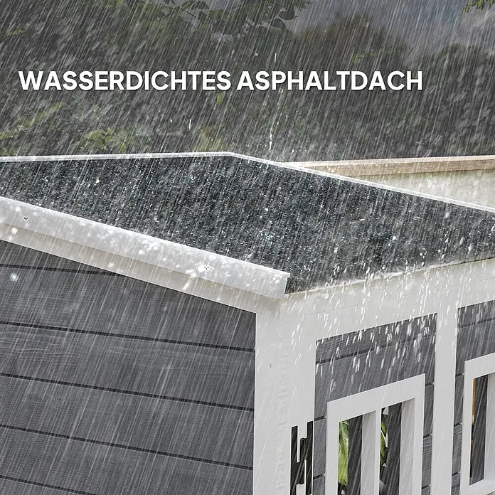 Outsunny Geräteschrank - Außenbreite inkl. Dachüberstand: 91 cm, Außentiefe inkl. Dachüberstand: 69 cm, Holz, Hellgrau - Wasserdichtes, dunkles Asphaltdach eines Gartenhauses, das Regen abweist.