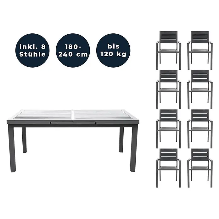 Home Deluxe Gartentisch-Set CALIDO MADERA - Tisch inkl. 8 Stühlen - Gesamtumfang: 9 -tlg., Ausziehbar - Ausziehbares dunkelgraues Garten-Esstischset mit 8 Stühlen.